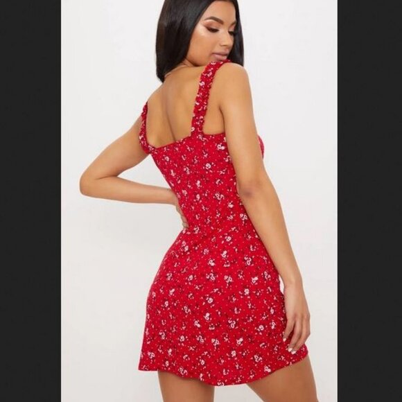🐣NWT Pretty little thing Ruffled Babydoll Red Ditsy Floral Print Bodycon Dress - Picture 7 of 15
